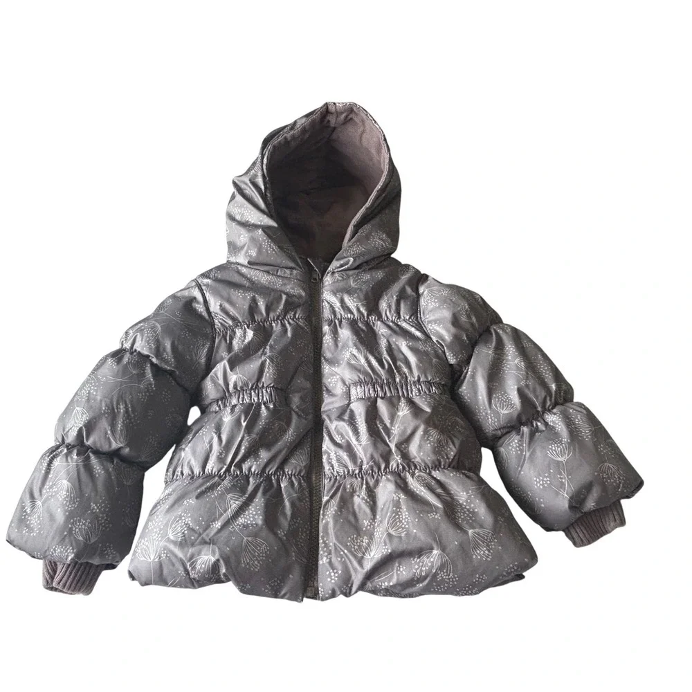Old Navy Girls 4T‎ Gray Floral Puffer Coat Hooded Frost Free Winter Jacket